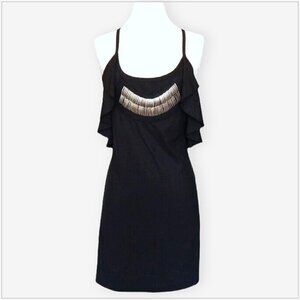 TEA/F Black Beaded Ruffle Edena Scoop Neck Stretch Slip Dress $180 NEW NWT L